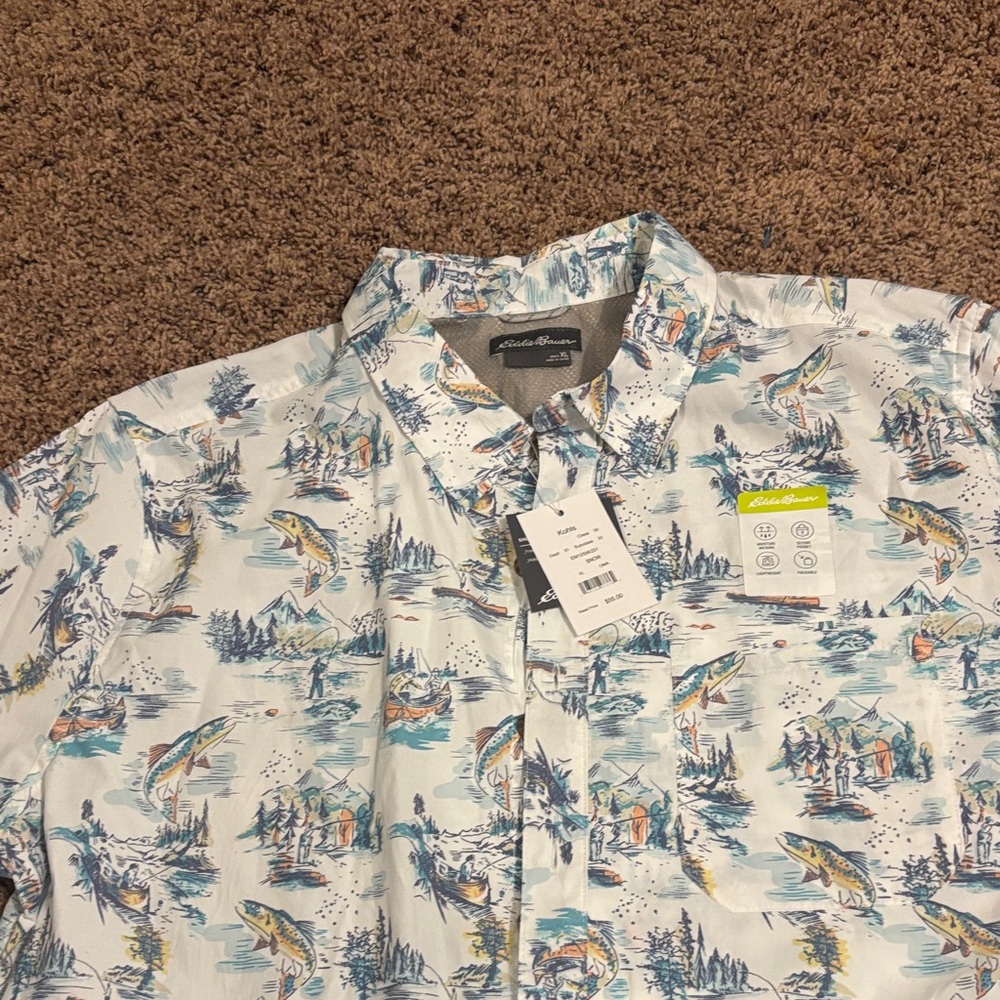 Eddie Bauer Men's White and Blue Fish Pattern Shirt